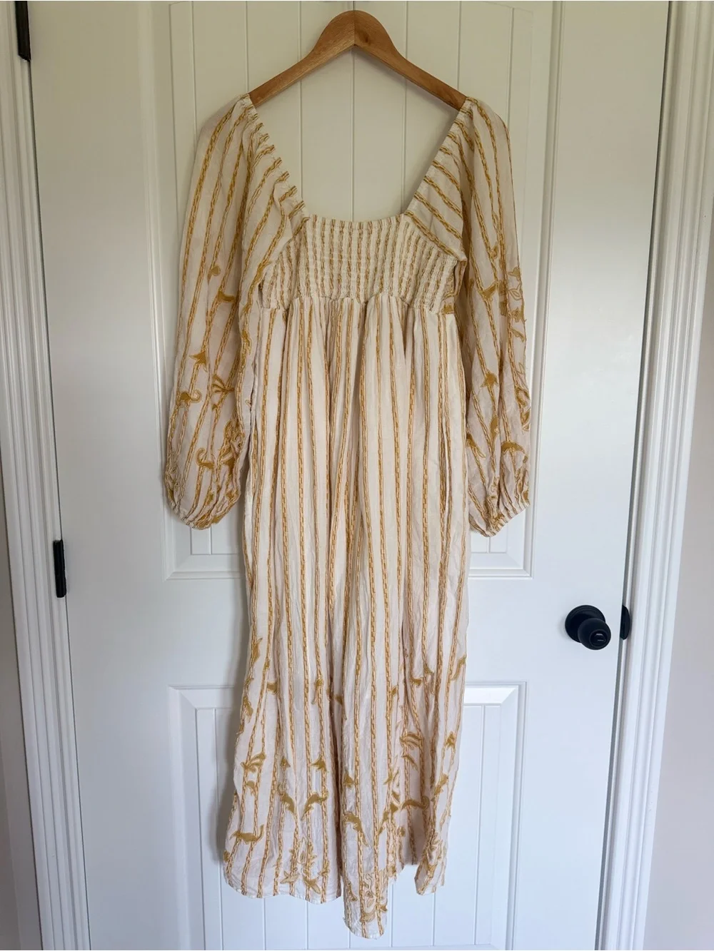 Anthropologie Embroidered Sweetheart Maxi Dress Ivory Gold Boho Balloon Sleeve S - Picture 7 of 14